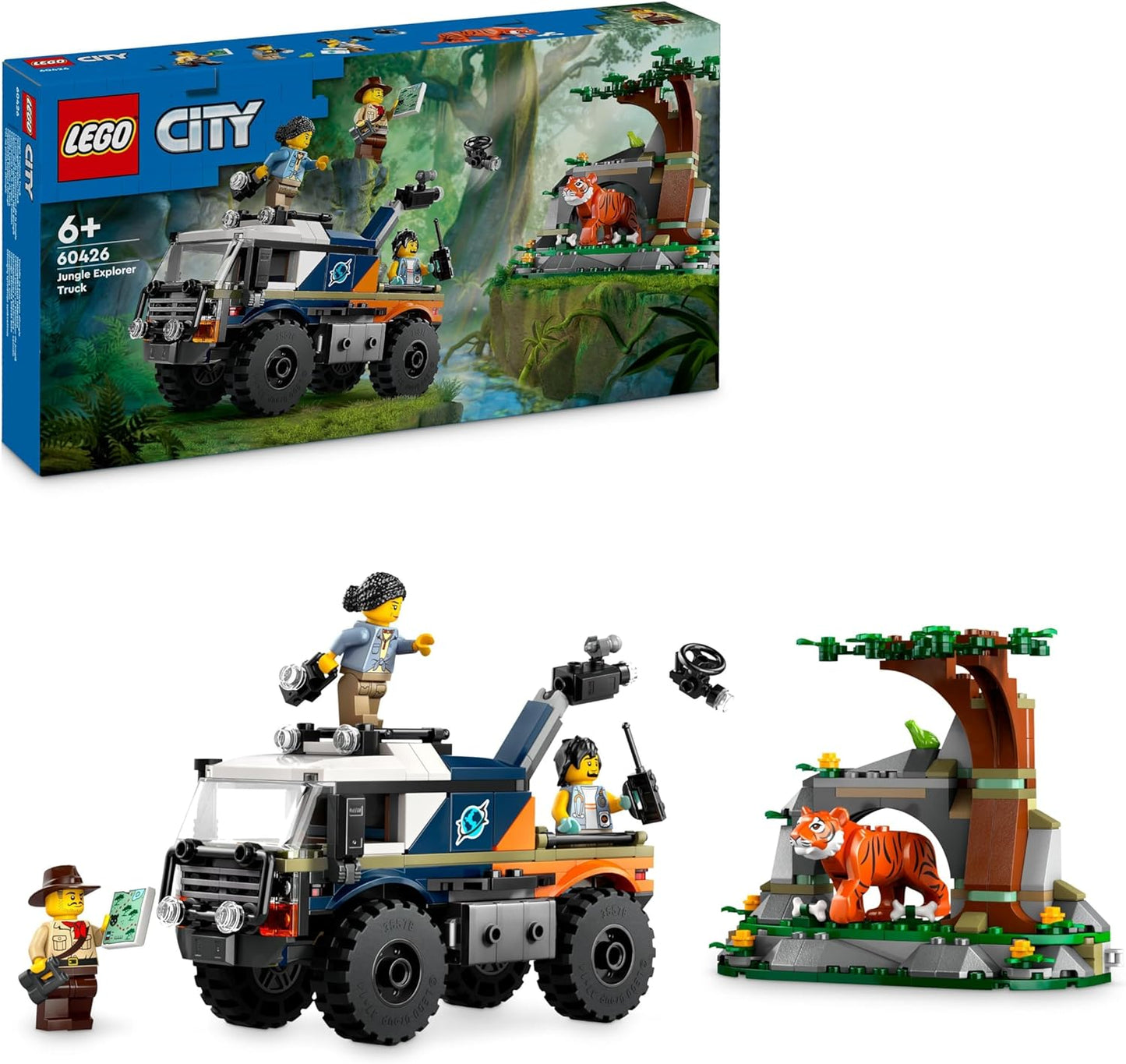 LEGO Conjunto de construção de brinquedo de caminhão off-road City Jungle Explorer para meninos, meninas e crianças de 6 anos ou mais, ideia divertida de presente de aniversário, veículo off-road com 3 minifiguras de aventureiro