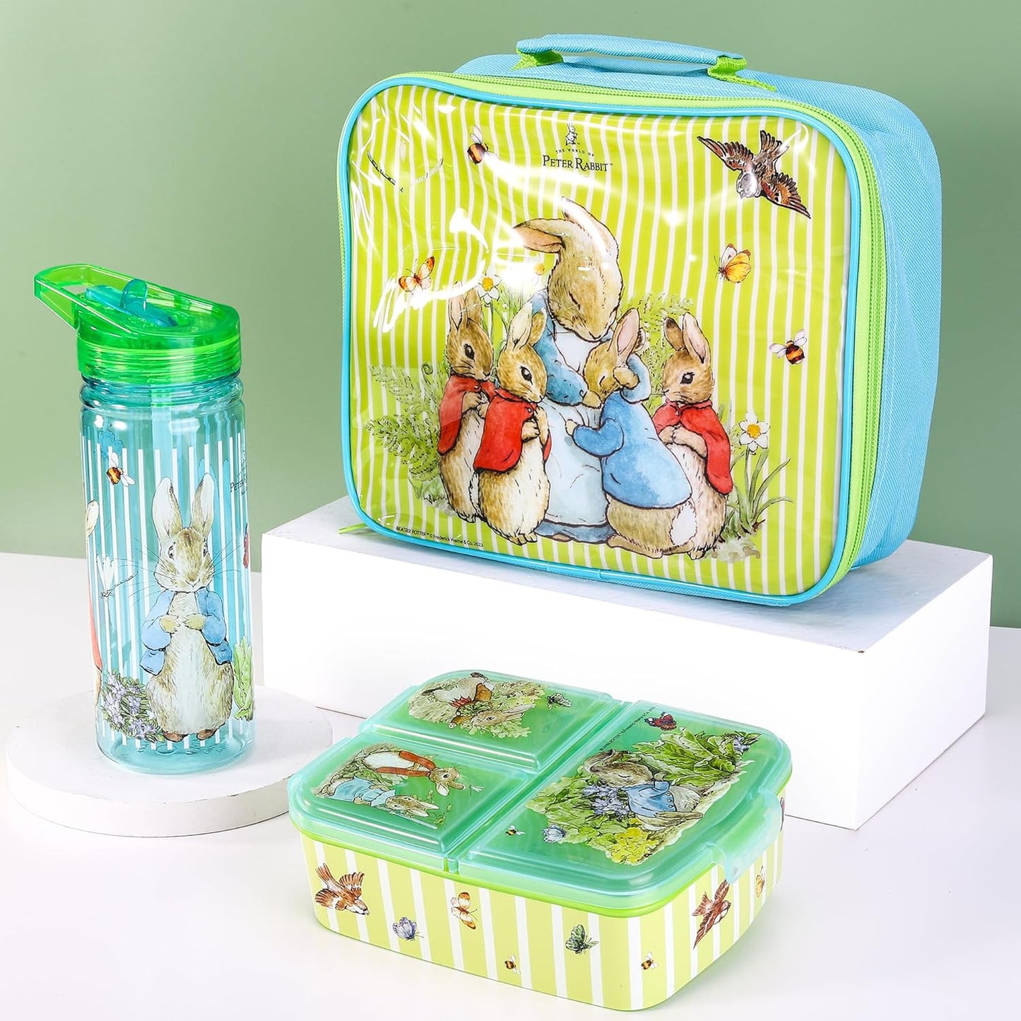 Zawadi Global Conjunto de lancheira infantil Peter Rabbit Kids - lancheira isolada, lancheira com vários compartimentos e garrafa de água de 580 ml - conjunto de comida para almoço de viagem escolar, sem BPA