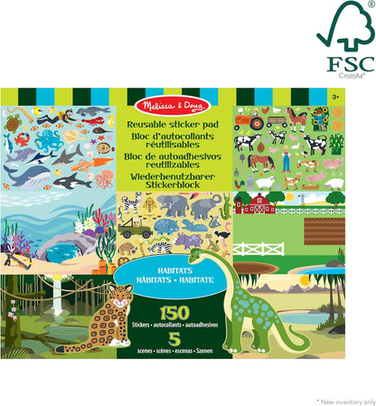 Melissa & Doug Livros de adesivos reutilizáveis para crianças a partir de 3 anos, livro de adesivos de habitats e natureza, atividades de avião para crianças, pacotes de atividades de viagem para crianças