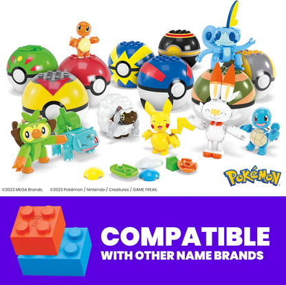 MEGA Brinquedos de construção de bonecos de ação Pokémon, equipe de treinador iniciante com 191 peças, 8 personagens, incluindo Pikachu Charmander Squirtle, para crianças, HTJ75