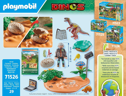 Playmobil 71526 Dinos: Ninho de Estegossauro com Ladrão de Ovos, protegendo os ovos de dinossauro do Velociraptor, incluindo rede, fita métrica e câmera, conjuntos de jogos sustentáveis adequados para crianças a partir de 4 anos