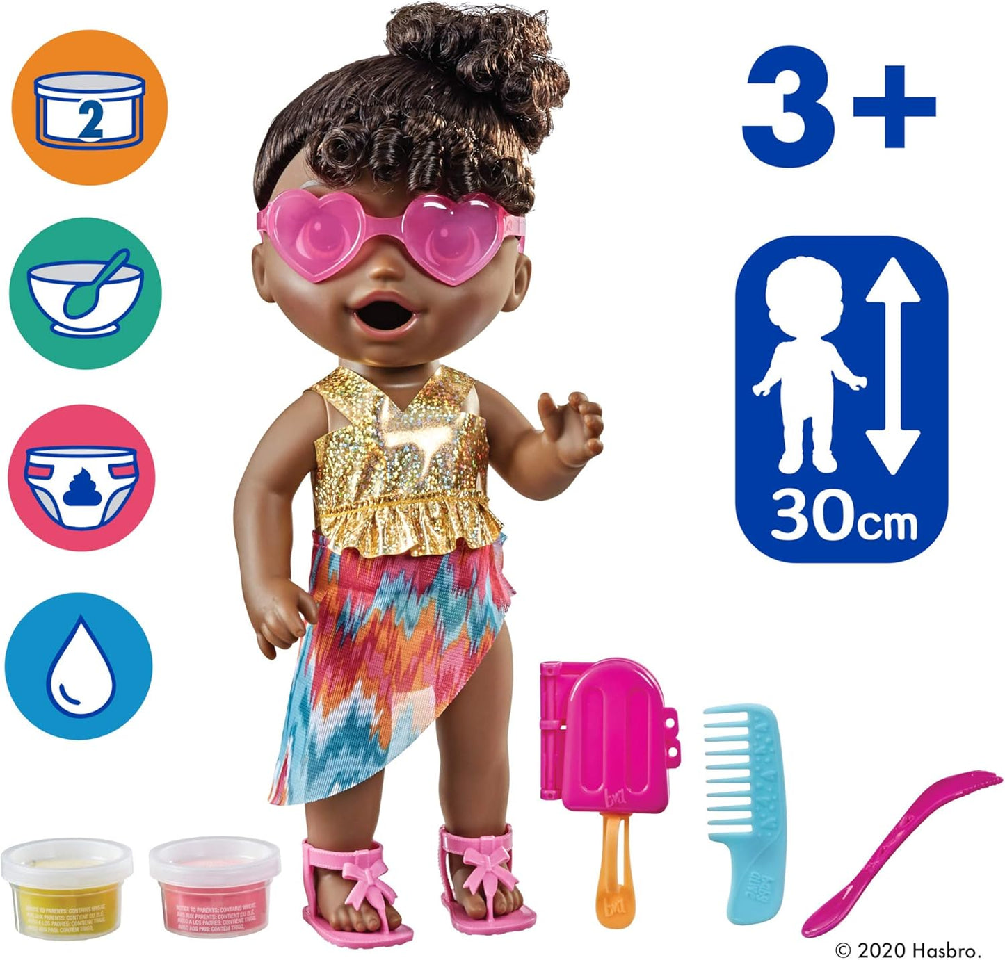 Baby Alive Boneca Sunshine Snacks, come e faz cocô, boneca aquática com tema de verão, molde para picolé, brinquedo para crianças de 3 anos ou mais, cabelo preto