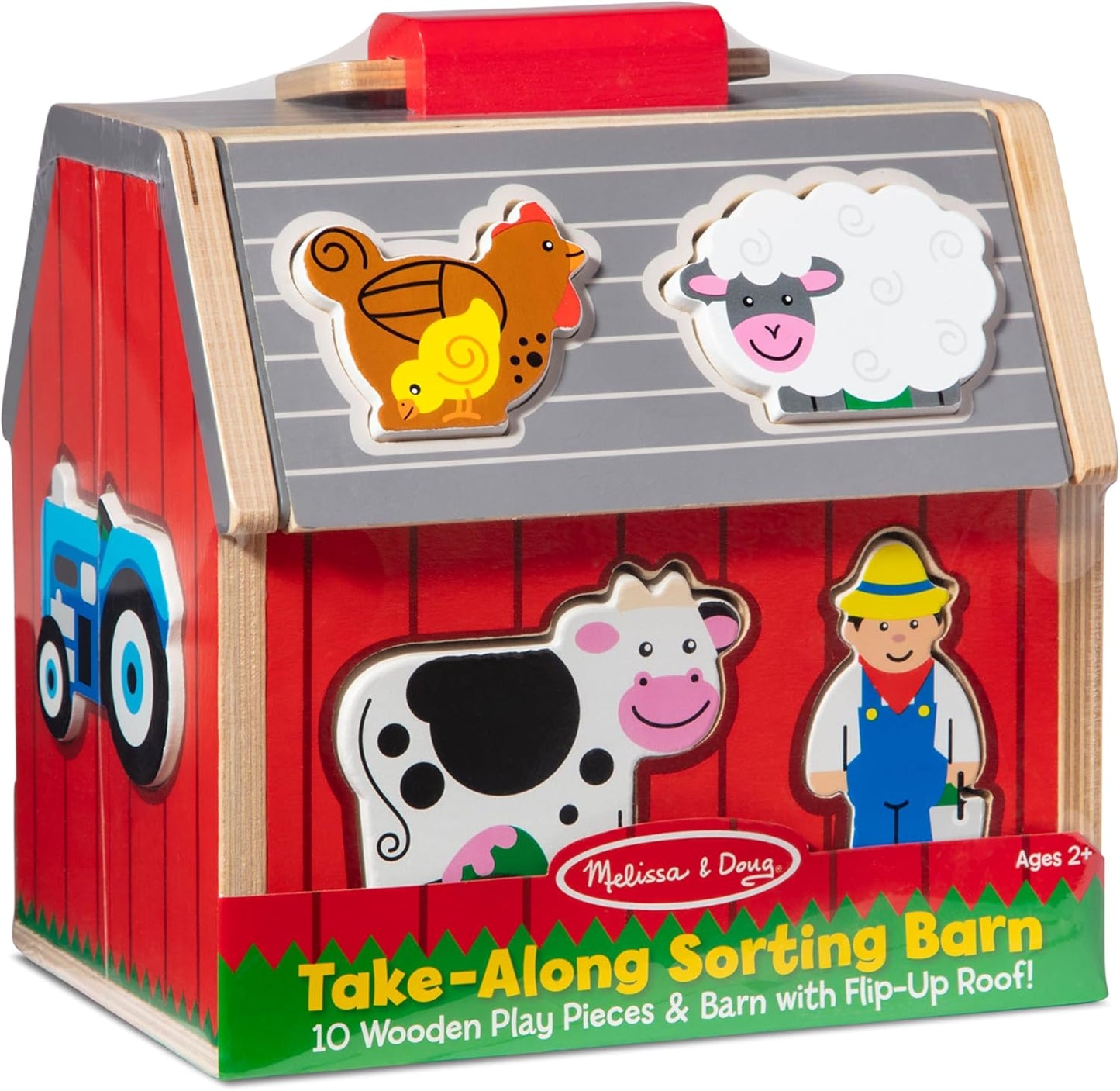 Melissa & Doug Brinquedo de celeiro de classificação de madeira para levar com telhado rebatível e alça 10 peças de madeira para brincar na fazenda - Brinquedos de fazenda, classificação de formas e aprendizado de empilhamento