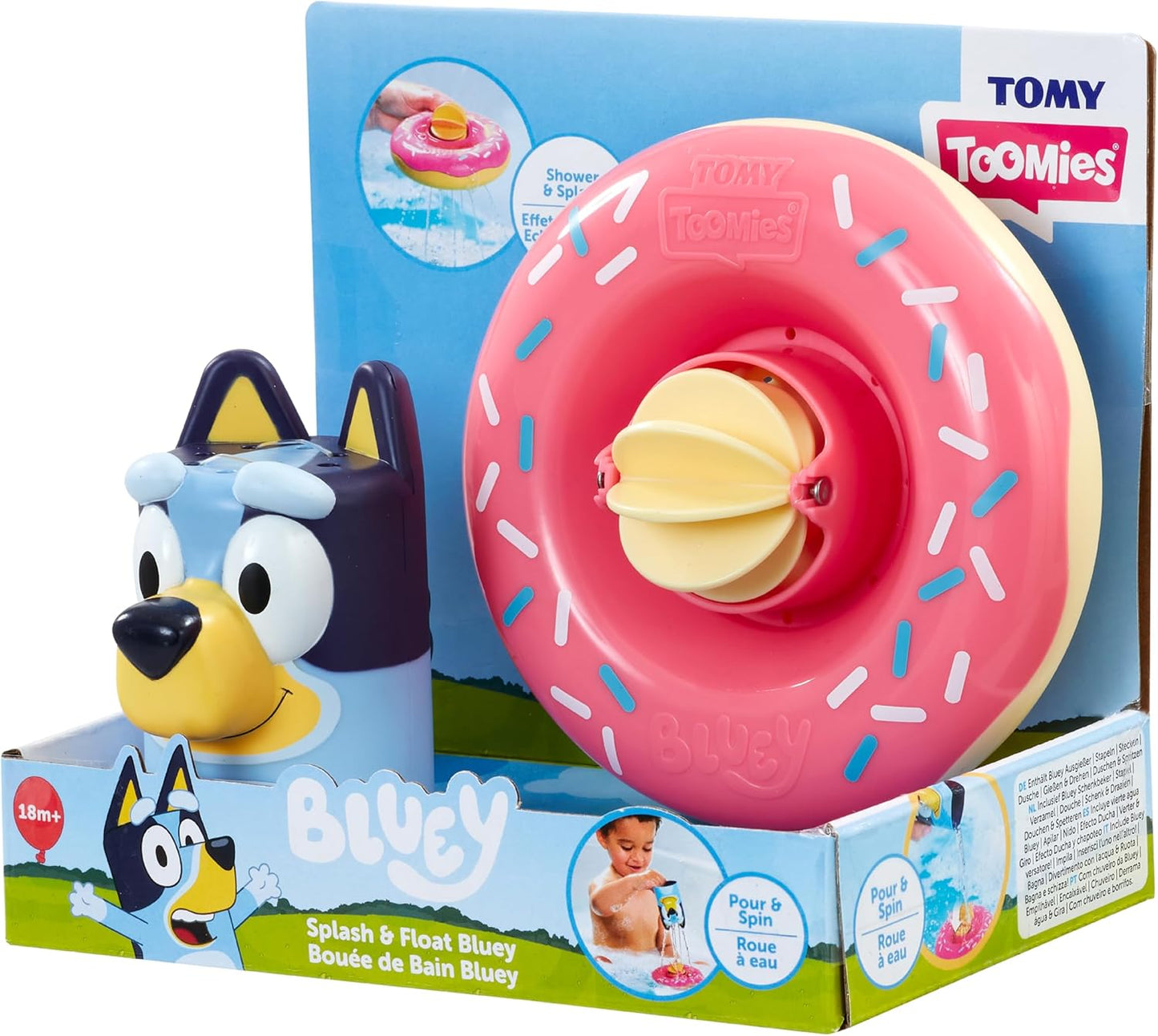 Toomies Bluey Splash and Float Bluey - Copo de despejar de brinquedo de banho com furos de chuveiro e anel de piscina de brinquedo de roda d'água - Brinquedos sensoriais de água - Bluey Toys oficialmente licenciados - Brinquedos de banho para bebês