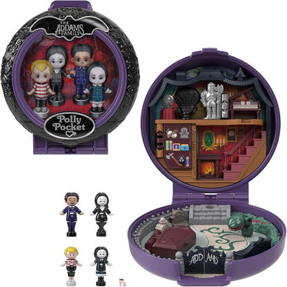 Polly Pocket Collector Playset, The Addams Family Compact com 4 bonecos de personagens de edição especial e 10 acessórios, HXW25