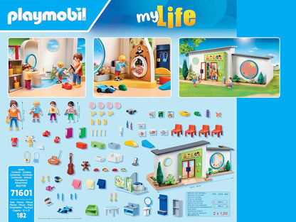 Playmobil 71601 MyLife: Rainbow Daycare, grande conjunto de jardim de infância com vários acessórios e uma campainha funcional, conjuntos de jogos detalhados adequados para crianças a partir de 4 anos