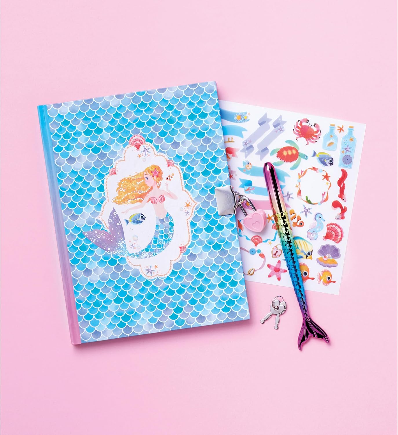 Janod - Océano Mágico - Cuaderno Secreto - Diario Privado Infantil - Kit de Manualidades - Cuaderno con Bolígrafo Cola de Sirena - El Universo de La Sirenita - Actividad de manualidades a partir de 3 años