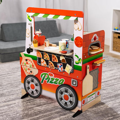 Melissa & Doug Centro de atividades Wooden Pizza Food Truck com Play Food, para meninos e meninas 3+