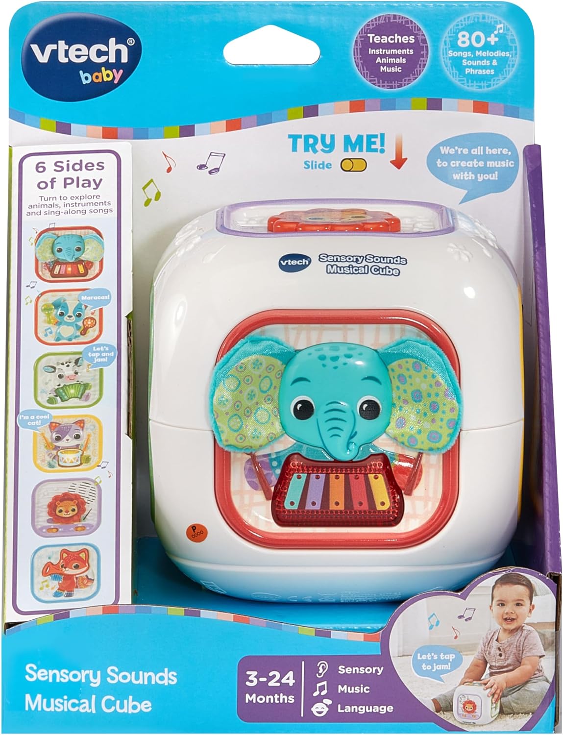 VTech Cubo musical com sons sensoriais para bebês, brinquedo interativo para bebês com rimas infantis, músicas clássicas e manipulativos, ensina animais e instrumentos, presente para bebês de 3, 6, 12, 18 meses ou mais, versão em inglês