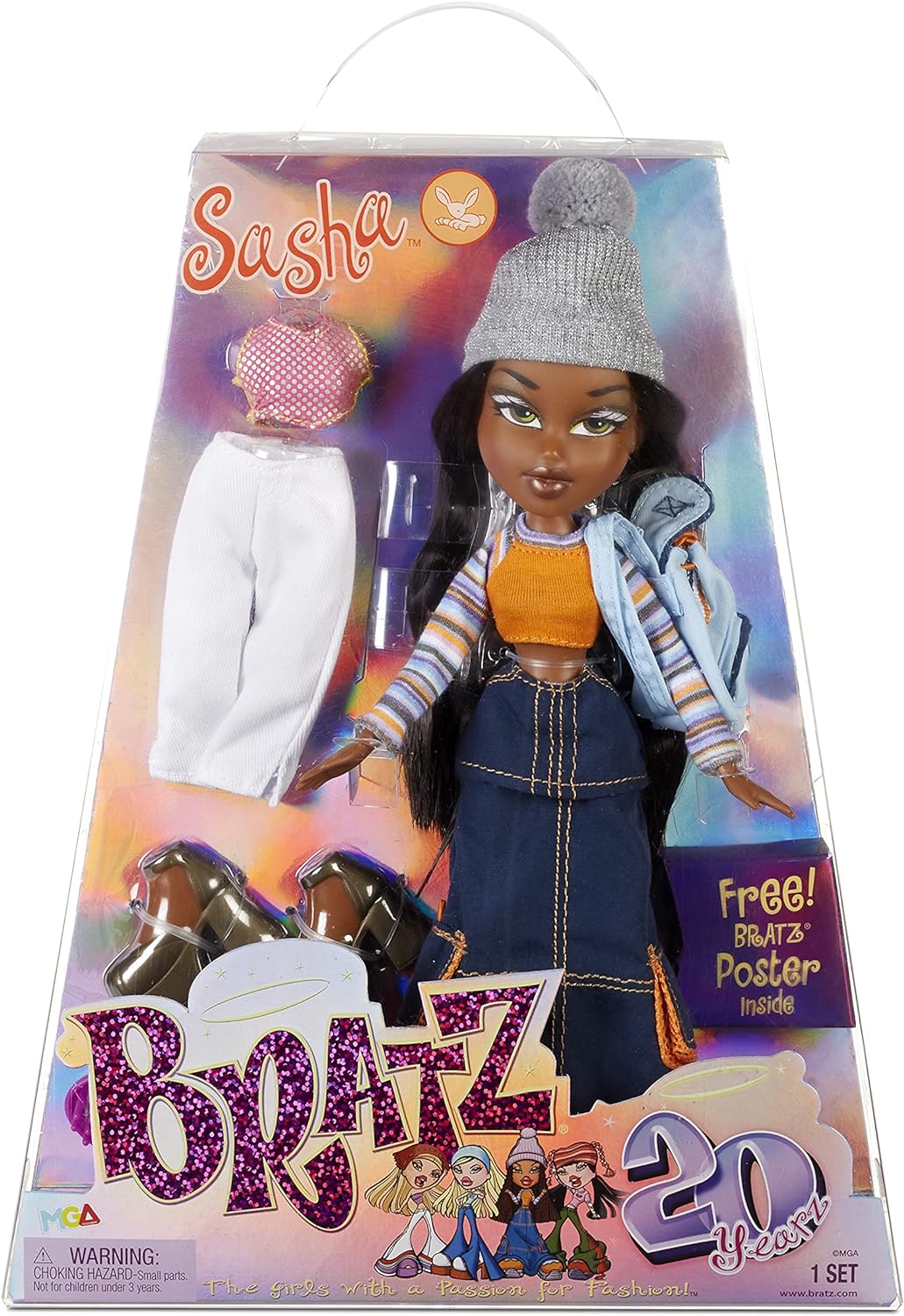 Bratz 573449EUC Sasha 20 edição especial boneca da moda original embalagem holográfica e pôster-colecionável-motivo 20 Yearz, Fan Fave relançamento 2001 réplica-inclui 2 roupas, sapatos, bolsa