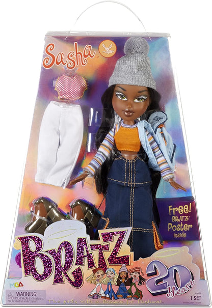 Bratz 573449EUC Sasha 20 edição especial boneca da moda original embalagem holográfica e pôster-colecionável-motivo 20 Yearz, Fan Fave relançamento 2001 réplica-inclui 2 roupas, sapatos, bolsa