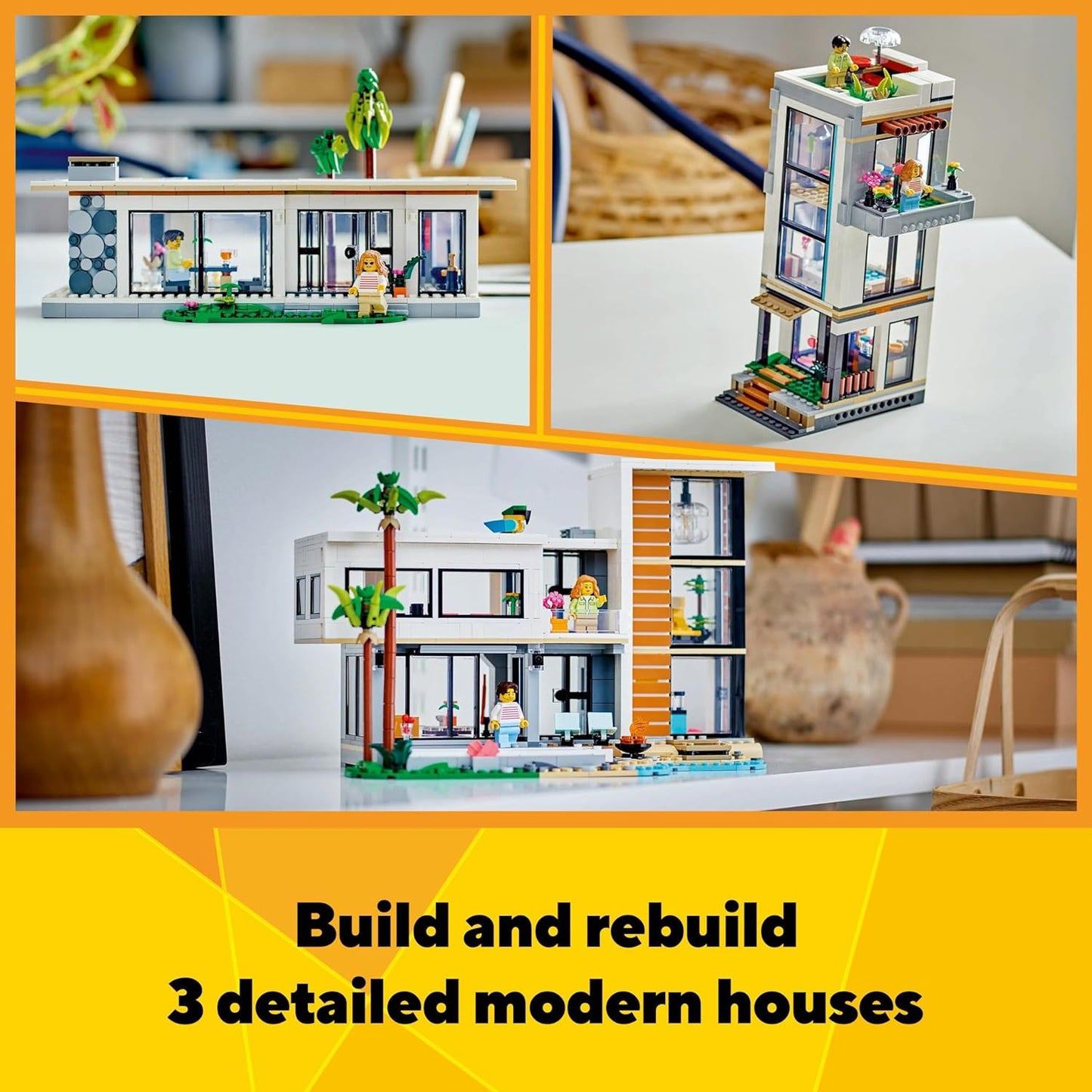 LEGO Conjunto de casa moderna 3 em 1 para construção urbana de 3 andares e cabana na floresta, kit de construção de modelo para crianças, ideia de presente para meninos e meninas de 9 anos ou mais 31153