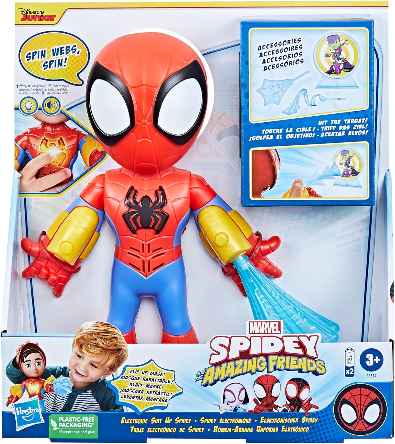 SPIDEY AND HIS AMAZING FRIENDS Marvel Electronic Suit Up Spidey, boneco de ação de 10 polegadas, brinquedos pré-escolares para crianças de 3 anos ou mais