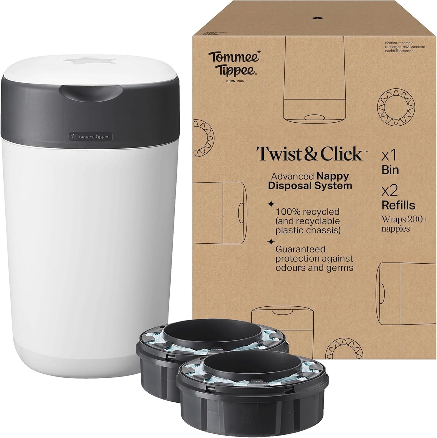 Tommee Tippee Caixote para fraldas avançado Twist and Click, pacote exclusivo incluindo 2 cassetes de recarga, proteção garantida contra odores e germes, grande capacidade