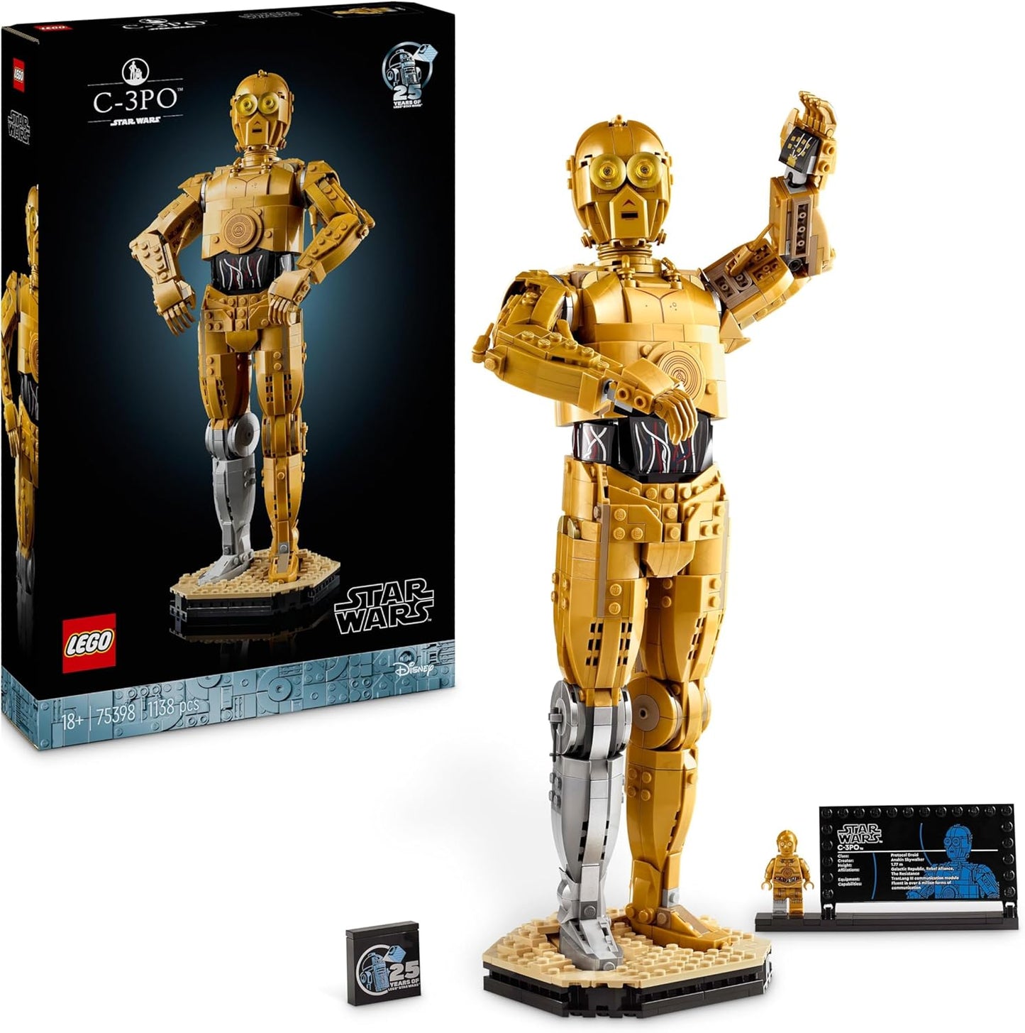 LEGO Conjunto de construção de figuras Droid Star Wars C-3PO, kit de modelo colecionável para adultos construirem com minifigura de personagem e expositor, ideia de presente nostálgico para homens, mulheres, ele, ela e fãs