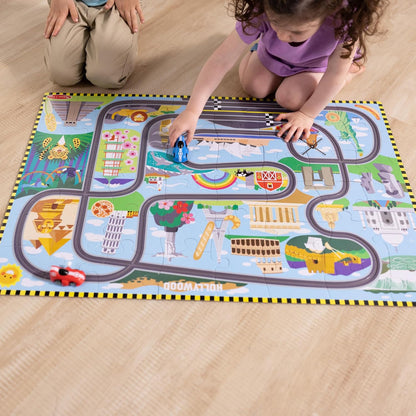 Melissa e Doug Race Around the World Tracks quebra-cabeças de papelão e veículos de corda, tabuleiro ocupado, quebra-cabeças para crianças de 3 anos, brinquedos Montessori