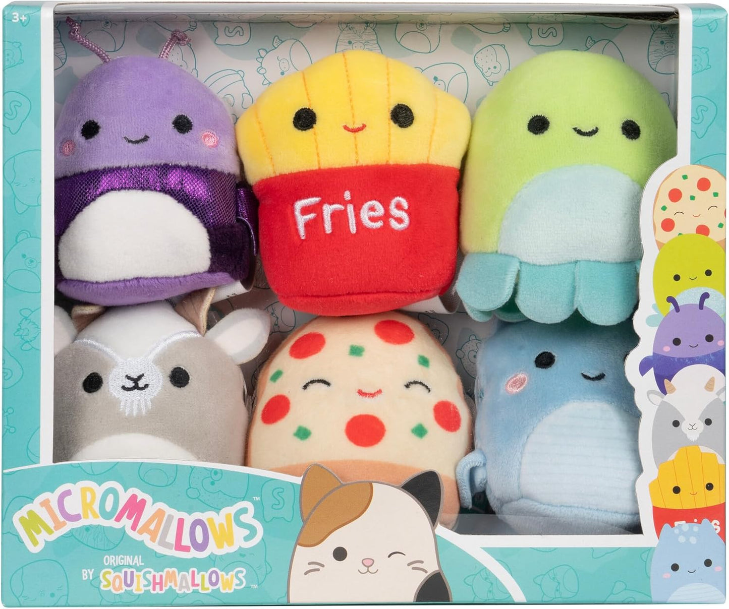 Micromallows Squishmallows Original 6-Pack - Axel Beetle, Lune Loch Ness Monster, Malcolm Mushroom, Orphie Octopus, Pep Pizza, Walker Goat