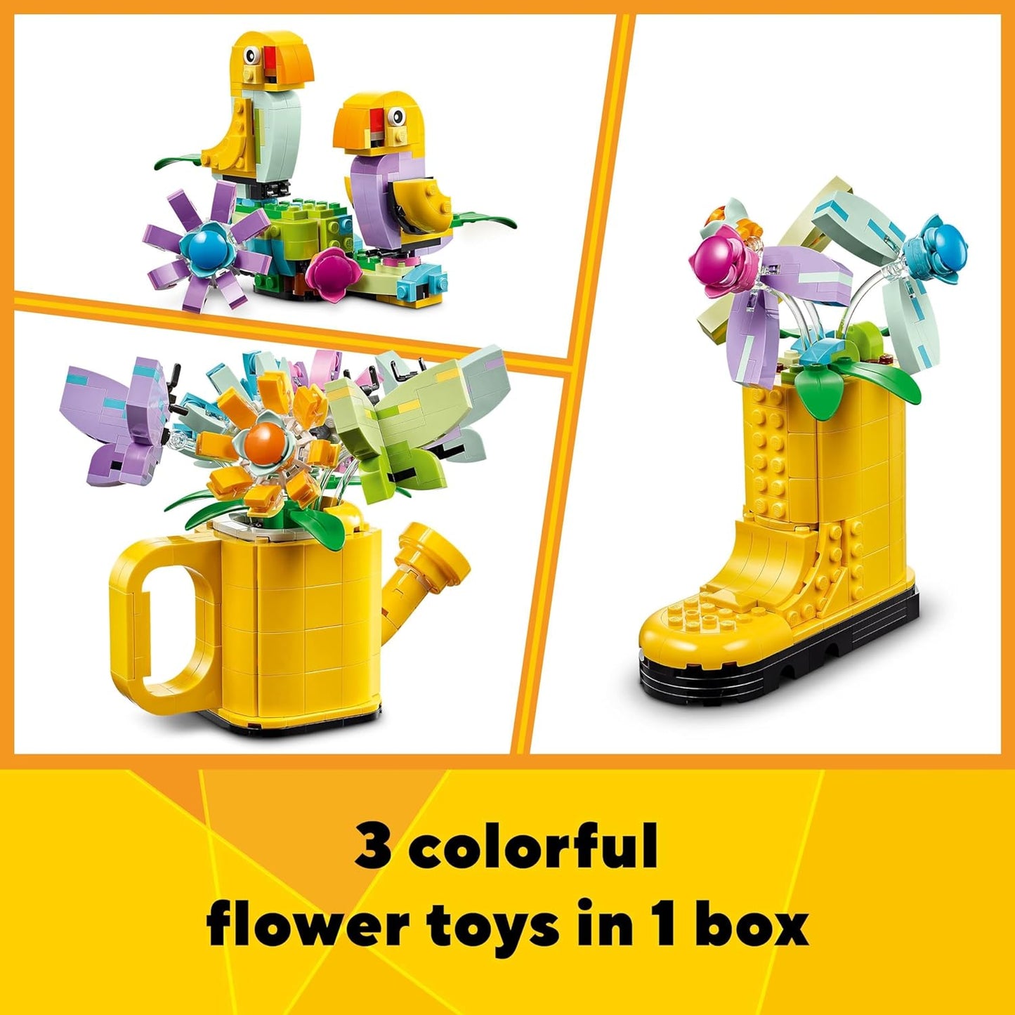 LEGO Criador 3 em 1 flores em regador brinquedo do Welly Boot para 2 pássaros em um poleiro, conjunto de animais para meninas, meninos e crianças, com 3 brinquedos de borboleta, é um ótimo acessório de mesa, presente da natureza 31149