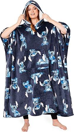 Disney Stitch Blanket Hoodie para mulheres e adolescentes - Poncho de lã grande e aconchegante, tamanho único, capuz Sherpa - Stitch Gifts Navy