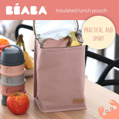 BEABA, bolsa isotérmica para comida de bebê, armazenamento de garrafas de tamanho grande, grande capacidade, transporta uma refeição completa, material macio, dobrável, tecido impermeável, pó rosa