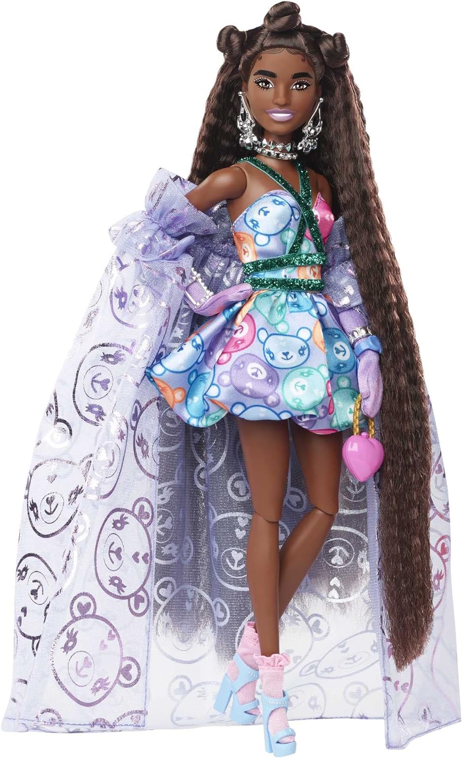 BARBIE Boneca BRAND extra extravagante em vestido estampado de pelúcia com cauda transparente, animal de estimação ursinho de pelúcia, cabelo extra longo e acessórios, juntas flexíveis, brinquedo para crianças de 3 anos, HHN13, multicolorido