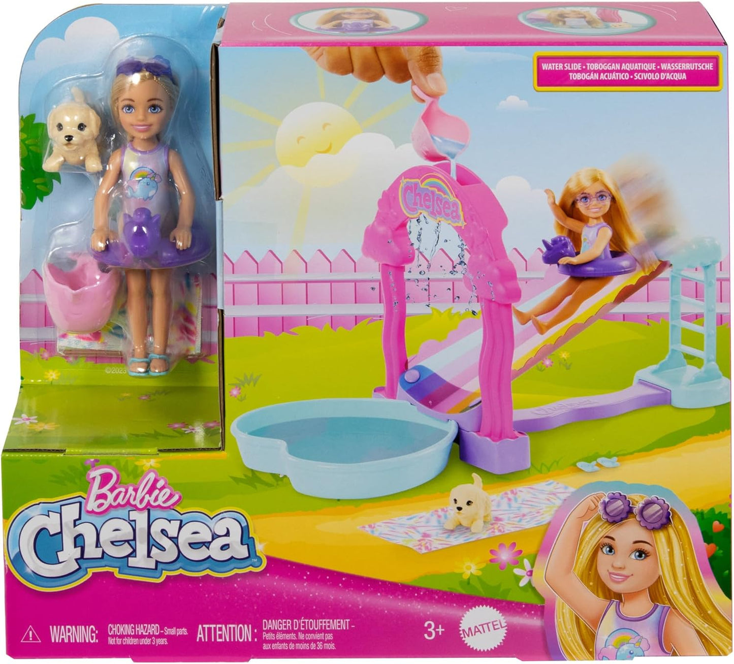 Barbie Chelsea Rainbow Juego de tobogán acuático con muñeca, perro y accesorios, vierte agua en el arco para que "llueve", HTK39