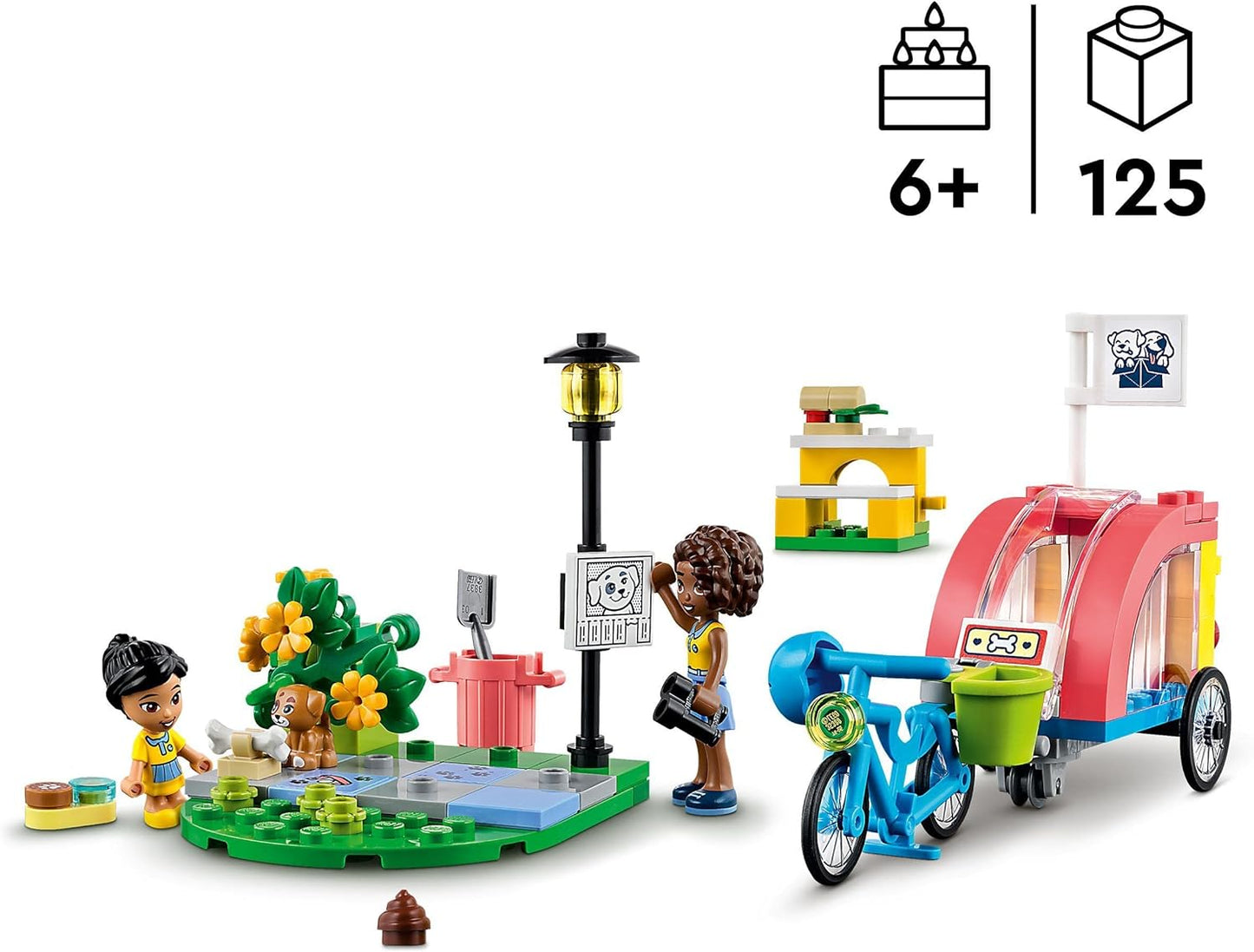 LEGO 41738 Conjunto de brinquedos para bicicleta de resgate de cães Friends, conjunto de animais para crianças, meninas e meninos de 6 anos ou mais com figura de cachorrinho e 2 minibonecos, personagens da série 2023