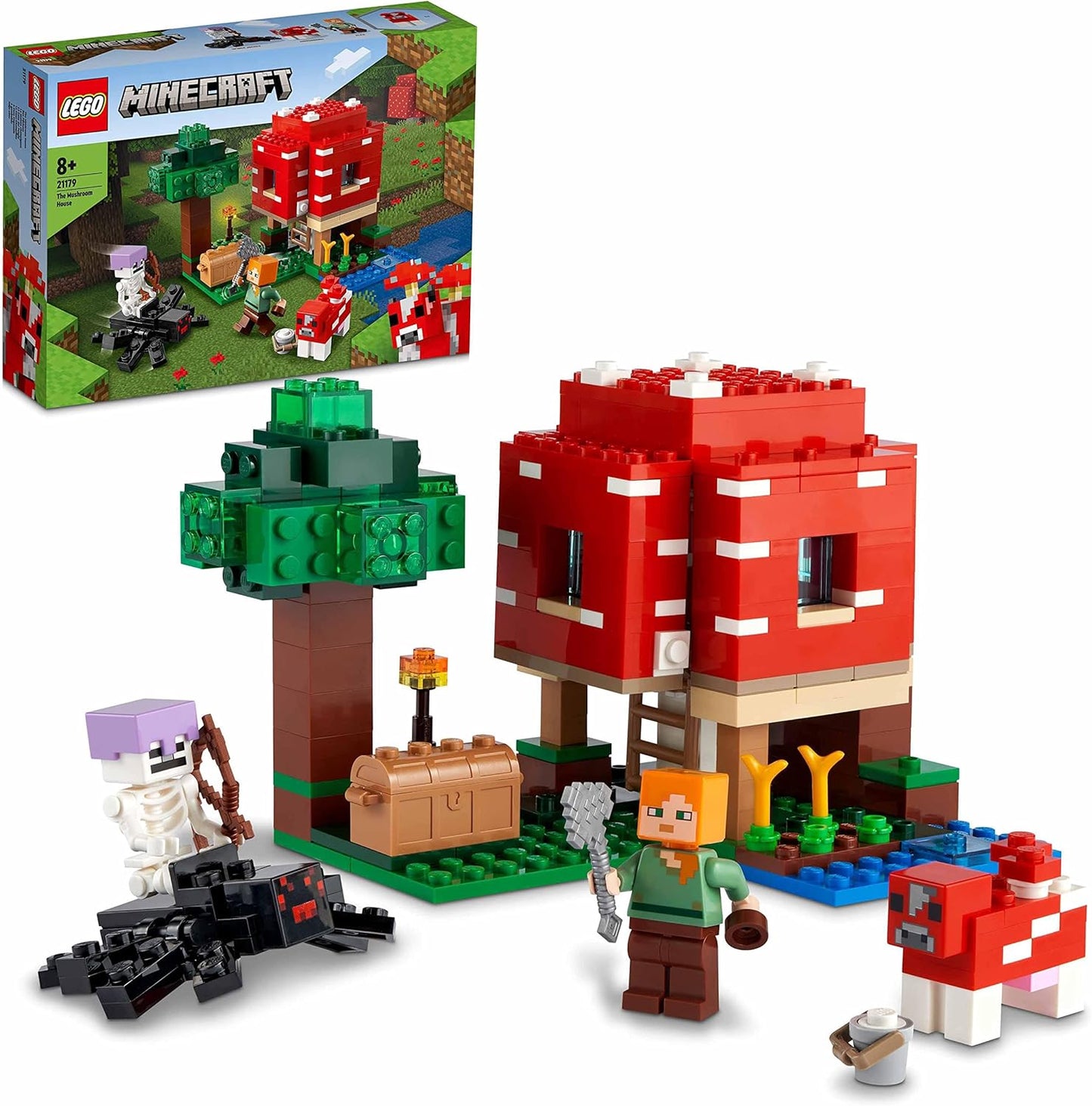 LEGO Conjunto Minecraft The Mushroom House, brinquedo de construção para crianças a partir de 8 anos, ideia de presente com figuras de Alex, Mooshroom e Spider Jockey