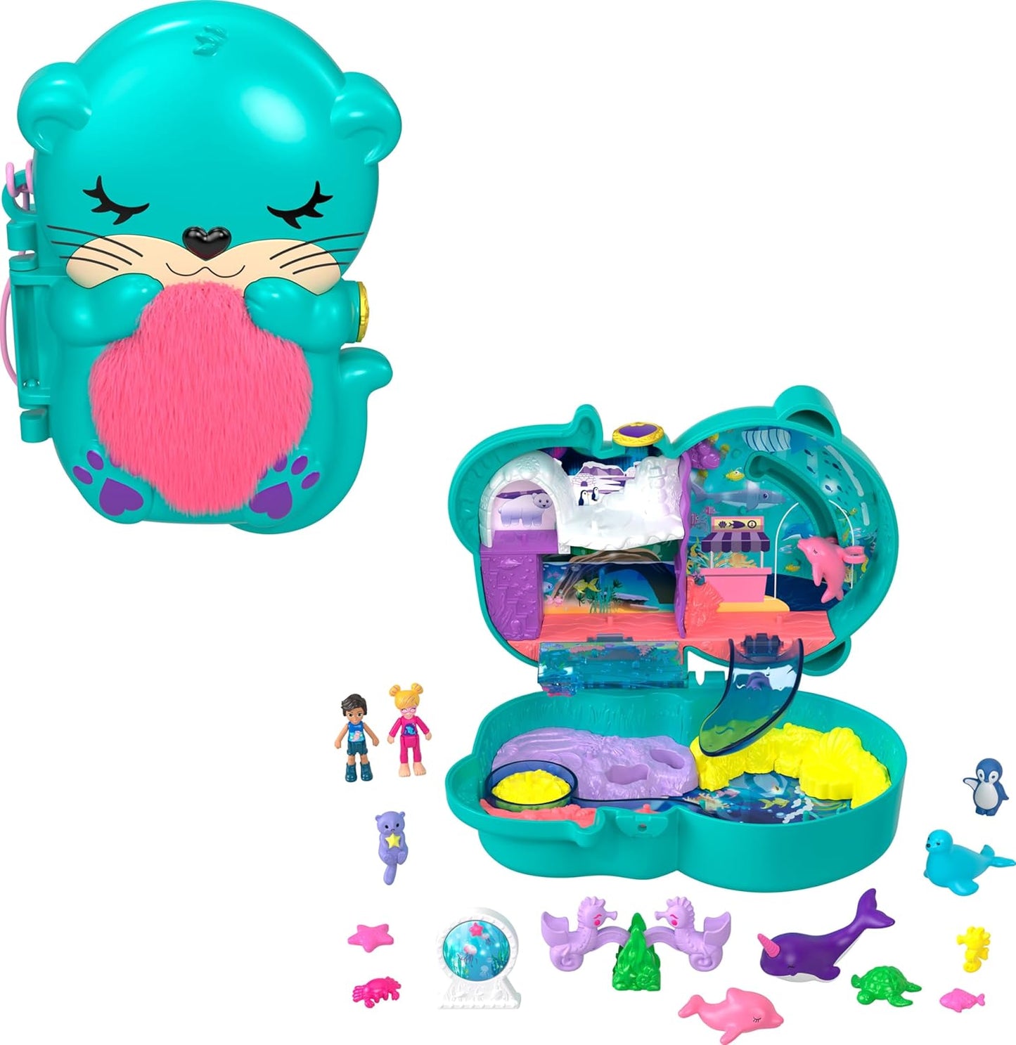 Polly Pocket Otter Aquarium Compact, Toy Surprises, 12 acessórios para brinquedos pop e swap, 2 bonecas Polly Pocket, brinquedos para maiores de 4 anos, um playset Polly Pocket, HCG16