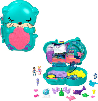 Polly Pocket Otter Aquarium Compact, Toy Surprises, 12 acessórios para brinquedos pop e swap, 2 bonecas Polly Pocket, brinquedos para maiores de 4 anos, um playset Polly Pocket, HCG16