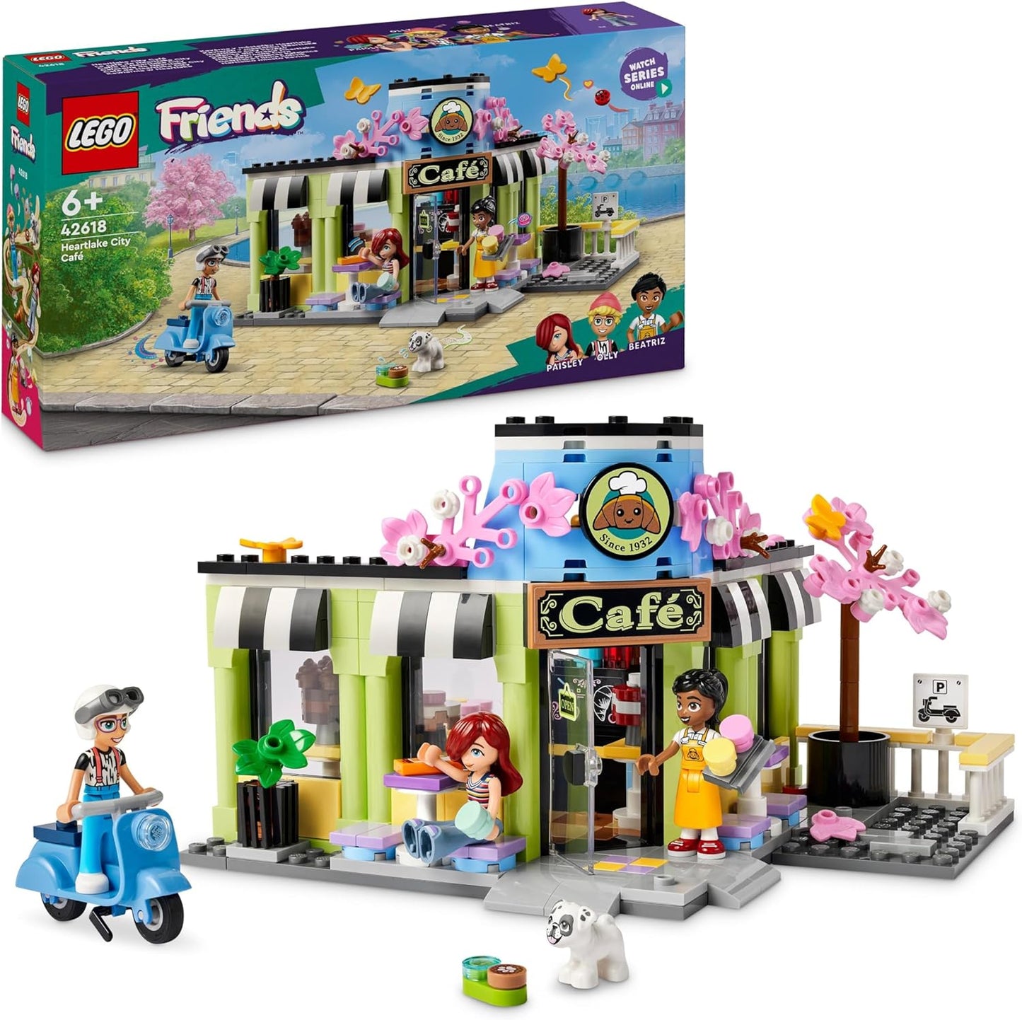 LEGO Brinquedo Friends Heartlake City Café para crianças, conjunto de construção de padaria, ideia de presente de aniversário para meninas e meninos de 6 anos ou mais, com 3 minibonecas e uma figura de cachorro 42618