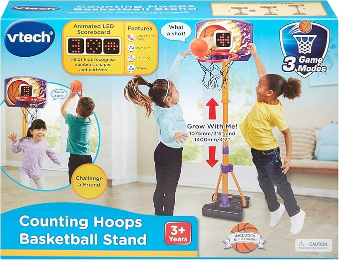 VTech Soporte de Baloncesto para Contar Aros, Soporte de Baloncesto Ajustable con Tablero Electrónico y Pantalla LED, 3 Juegos, Efectos de Sonido y Espectáculo de Luces, Juguete para Niños de 3, 4, 5+ Años, Versión en Inglés