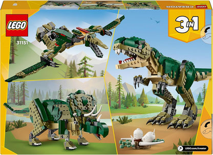 LEGO Criador 3 em 1 T. rex para Triceratops para brinquedos de pterodáctilo, figuras de dinossauros para meninos e meninas de 9 anos ou mais, conjunto de construção de modelo de brinquedo Dino ajustável, ideia