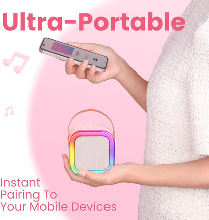 Máquina de karaokê para crianças e adultos, mini alto-falante Bluetooth portátil com 2 microfones sem fio, brinquedos infantis, presentes de aniversário para meninas