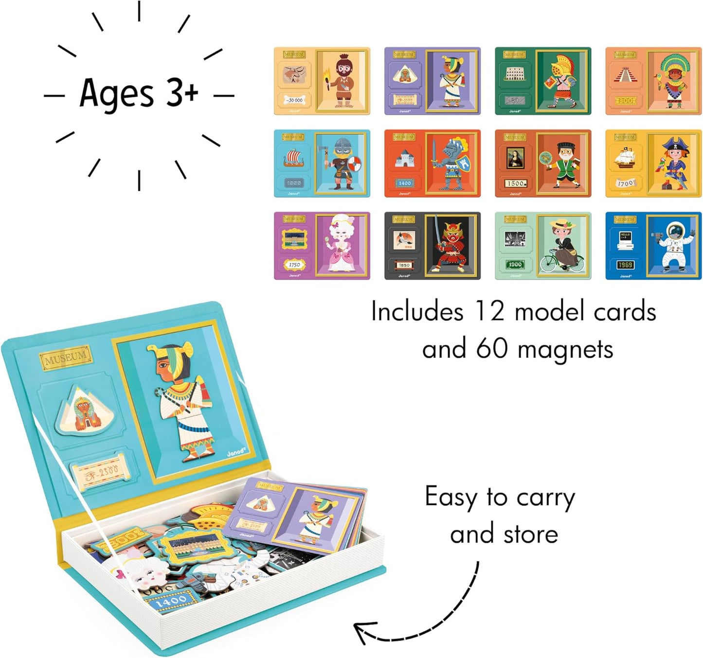 Janod - Magnéti'Book History - Jogo educativo de 60 ímãs com 12 cartas modelo - Brinquedo infantil de papelão FSC - Desenvolve habilidades motoras finas e imaginação - 3 anos +