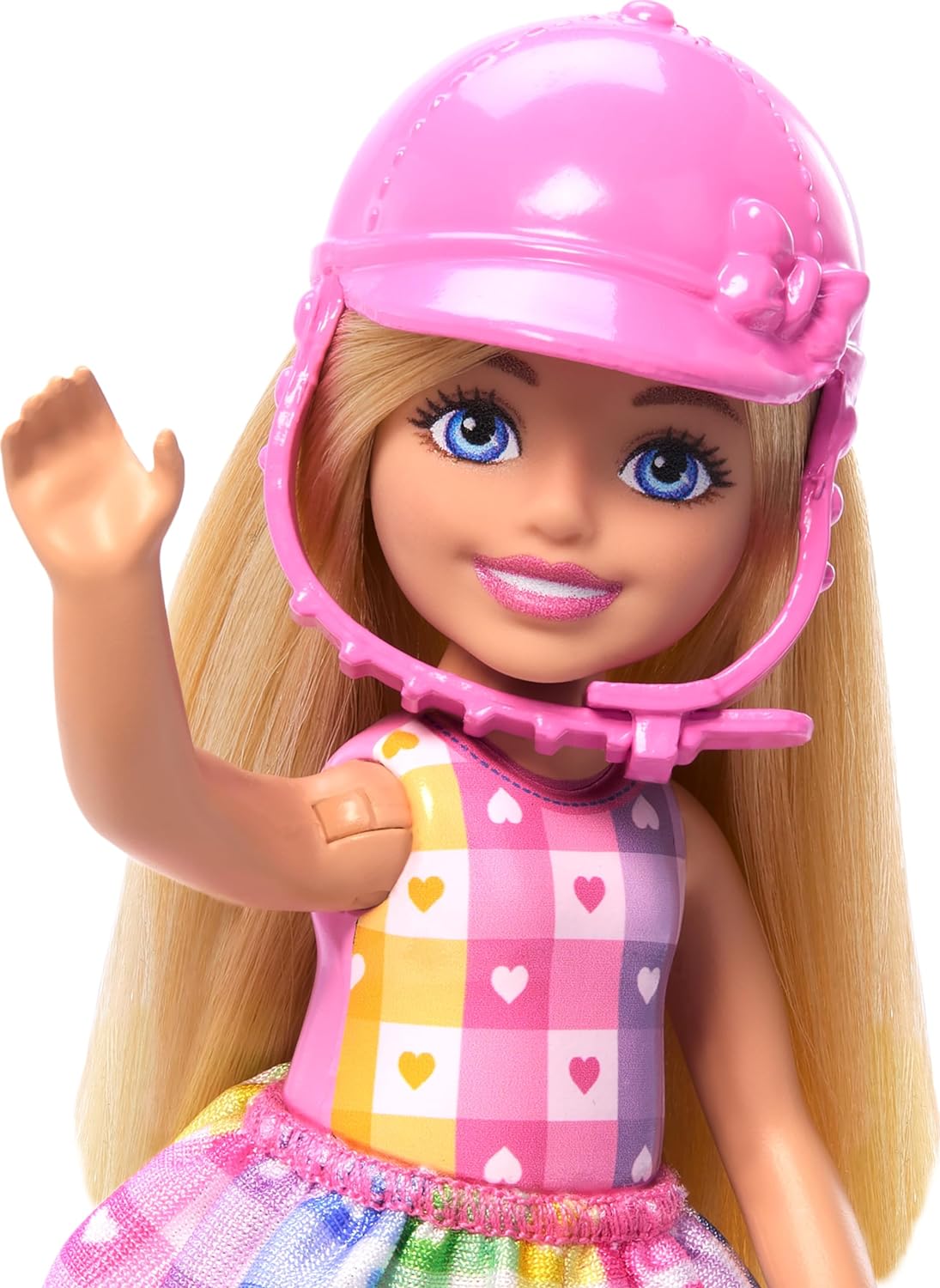 Barbie Conjunto de boneca Chelsea e cavalo, inclui acessório de capacete e sela, a boneca se dobra nos joelhos para "montar" no pônei cinza, HTK29