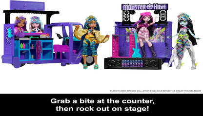 Monster High Boneca e playset Draculaura, Fangtastic Rockin’ Food Truck com transformação de palco removível e mais de 13 acessórios temáticos de comida e música, HXH83