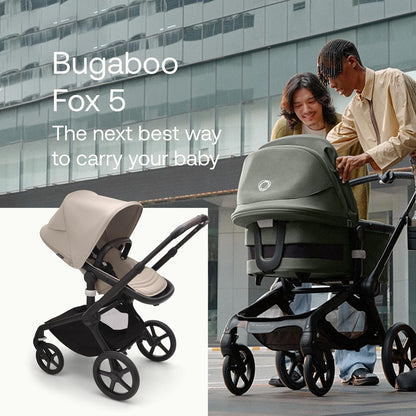 Bugaboo Carrinho de passeio Fox 5 All-Terrain, carrinho de bebê 2 em 1, suspensão total, dobra fácil, berço espaçoso, assento extensível para crianças, manobrabilidade com uma mão, chassi preto e capota Desert Taupe