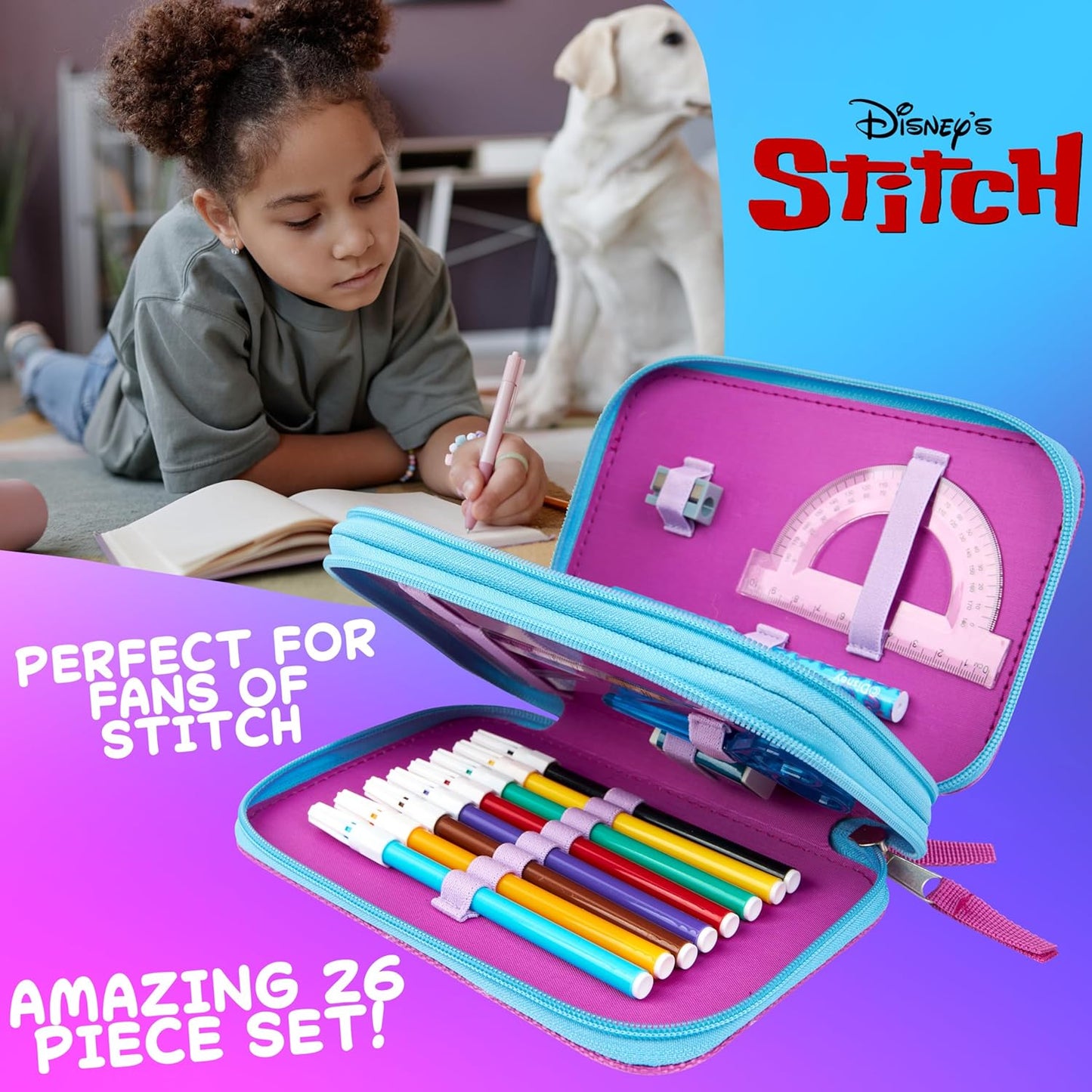 Disney Estojo de Lápis Cheio com Papelaria para Crianças, Material Escolar Lápis de Cor, Marcadores - Presentes para Meninas (Blue Frozen Double Zip)