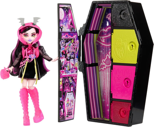 Monster High Boneca e conjunto de moda, boneca Draculaura, Skulltimate Secrets: Neon Frights, armário de vestir com mais de 19 surpresas, HNF78