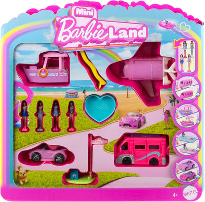 Barbie Mini BarbieLand 4-Pack Boneca e Conjunto de Veículo de Brinquedo com 4 Bonecas Barbie de 1,5 polegadas e 4 Veículos de Brinquedo Icônicos com Surpresa de Mudança de Cor, JDB85