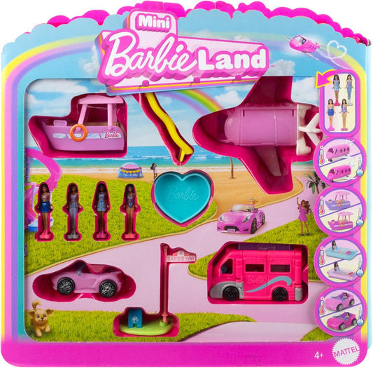 Barbie Mini BarbieLand 4-Pack Boneca e Conjunto de Veículo de Brinquedo com 4 Bonecas Barbie de 1,5 polegadas e 4 Veículos de Brinquedo Icônicos com Surpresa de Mudança de Cor, JDB85