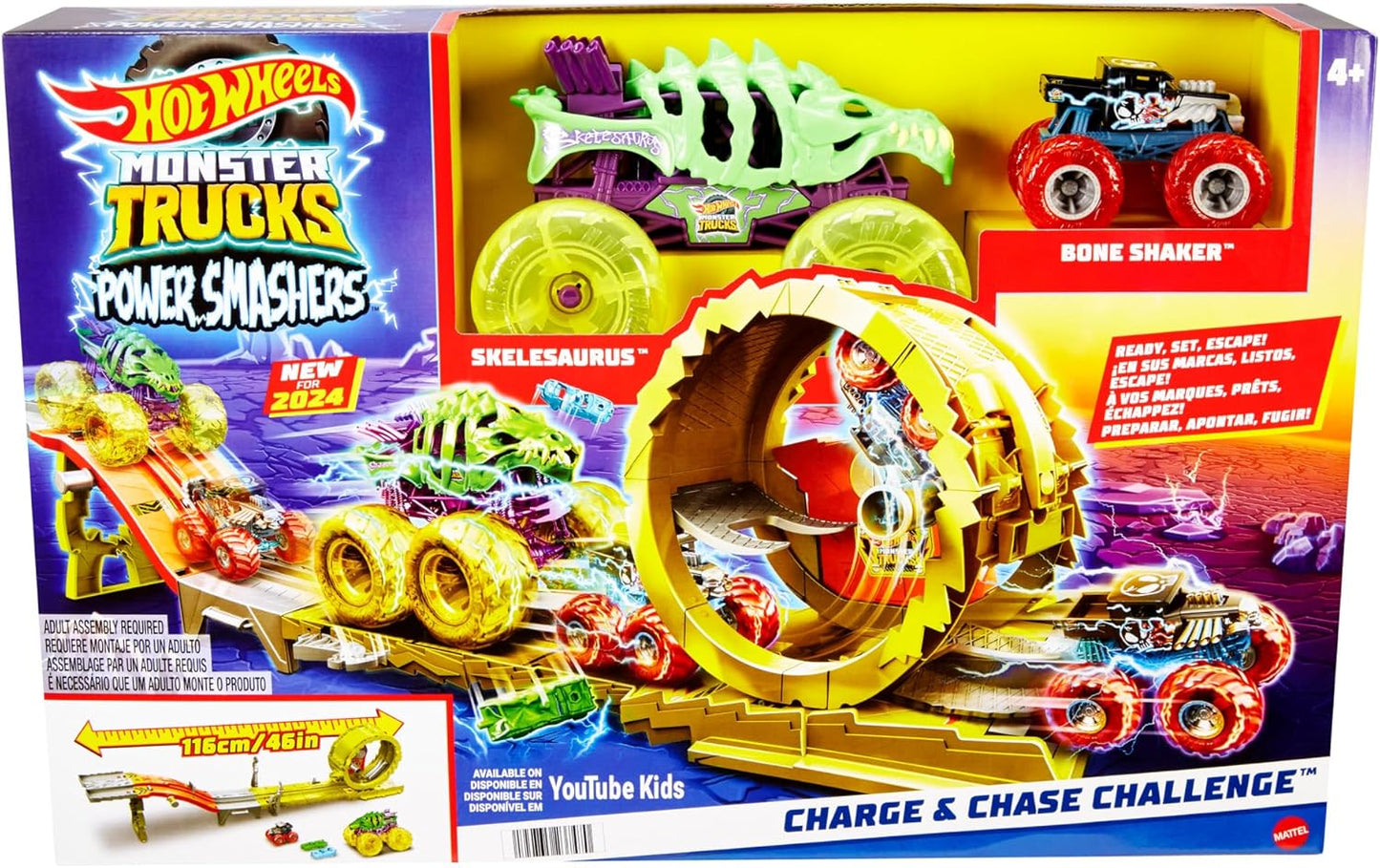 Hot Wheels Conjunto de pistas Monster Trucks com 2 caminhões de brinquedo: Skelesaurus grande e Bone Shaker em escala 1:64, desafio Charge & Chase com 2 carros esmagados