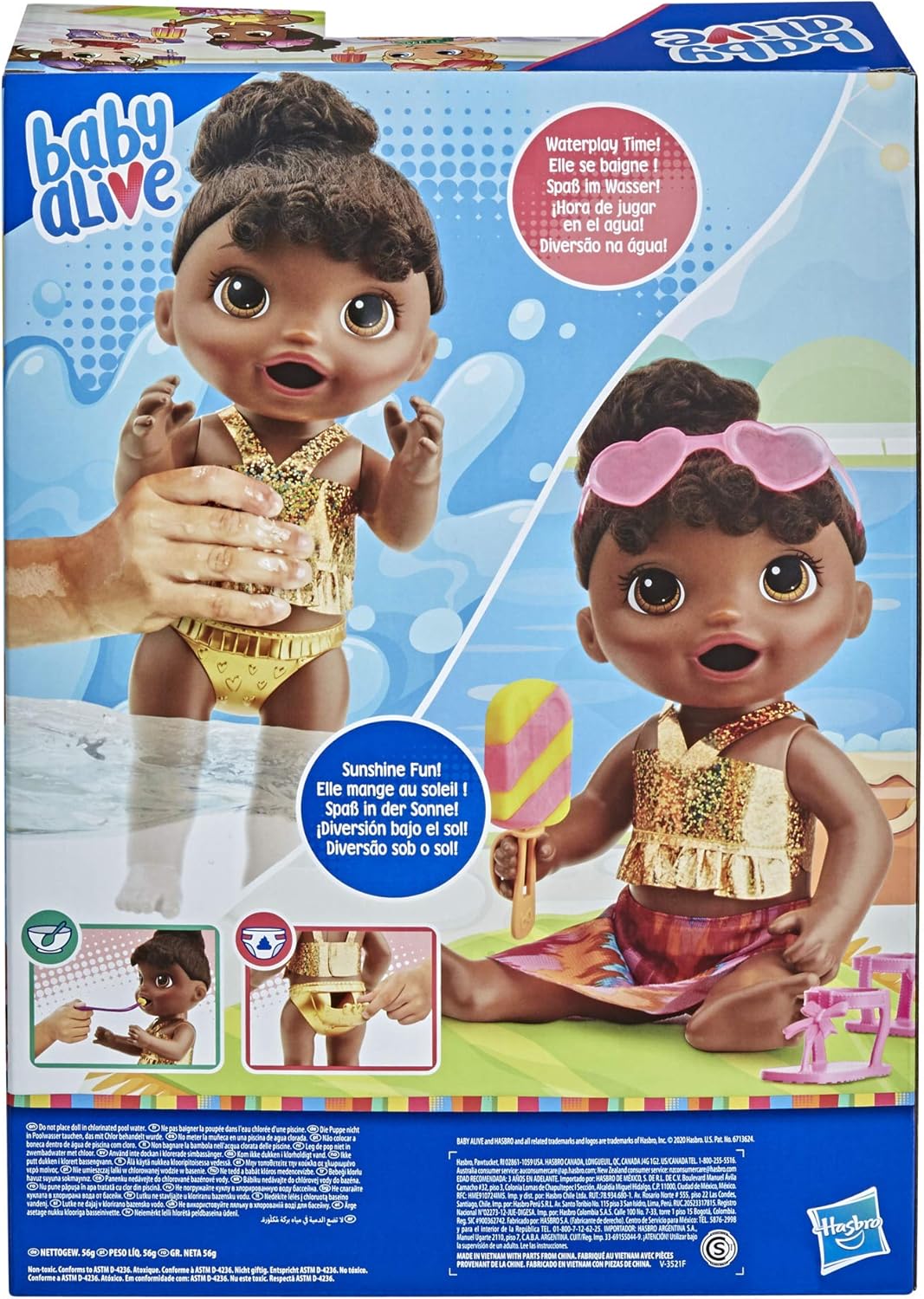 Baby Alive Boneca Sunshine Snacks, come e faz cocô, boneca aquática com tema de verão, molde para picolé, brinquedo para crianças de 3 anos ou mais, cabelo preto