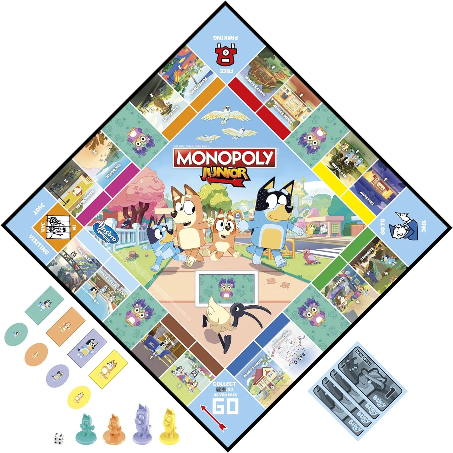 Monopoly Hasbro Gaming Monopoly Junior: Jogo de tabuleiro Bluey Edition para crianças de 5 anos ou mais, jogue como Bluey, Bingo, mamãe e papai, apresenta arte da série animada (exclusivo da Amazon)