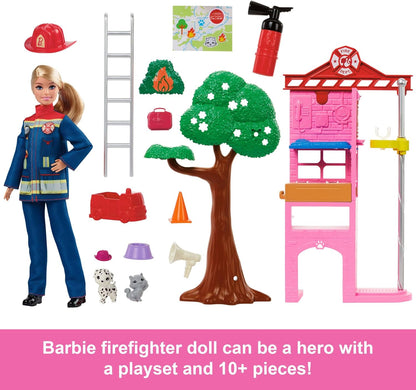 Barbie  Boneca de bombeiro e conjunto de brinquedos com estação de bombeiros e árvore, 2 animais de estimação, mudança de cor e mais de 10 acessórios, incluindo extintor de incêndio, brinquedo de esguicho, HRG55