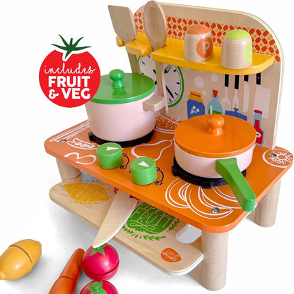 Bee Smart Wooden Kitchen Toy Set | Kids Pretend Playset With Pots, Pans, Food, Chopping Board & Utensils | Fruit & Vegetables Toy for Role Play & Imaginative Play