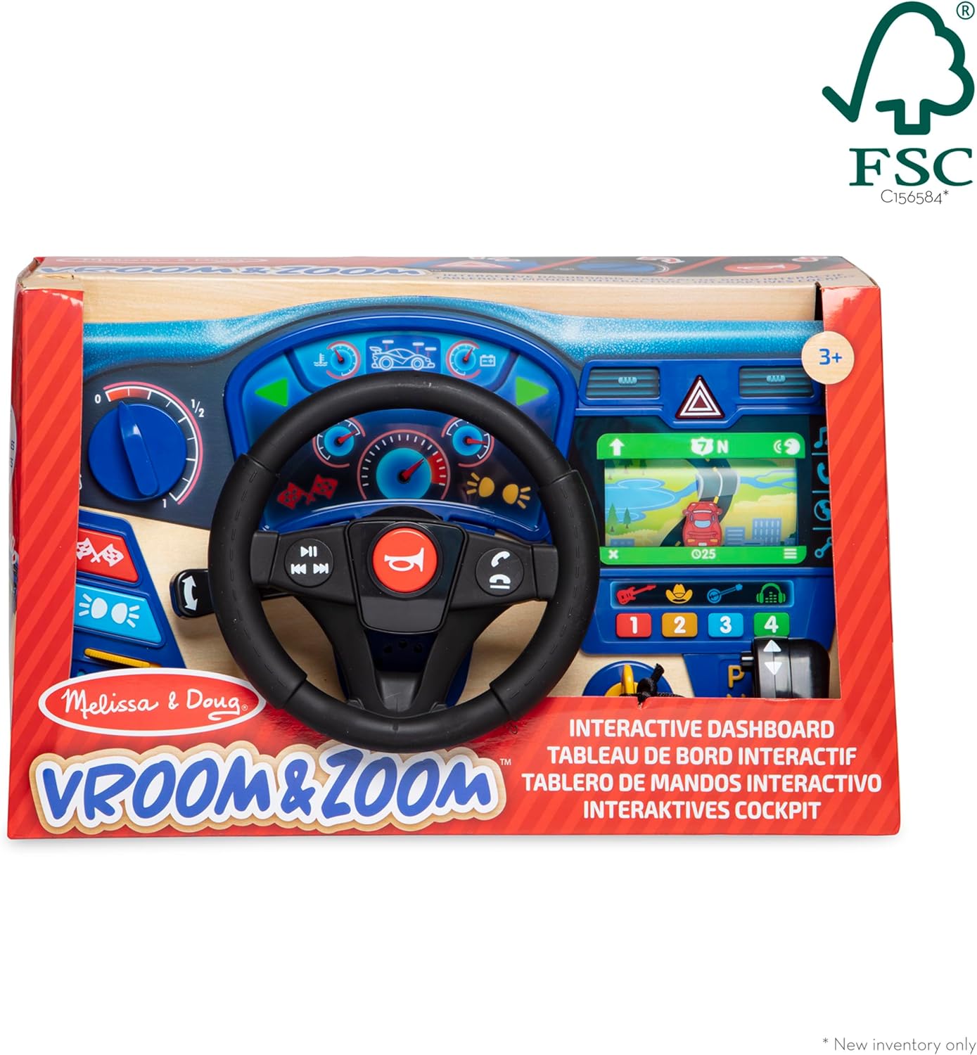 Melissa & Doug Brinquedo de painel Vroom & Zoom, painel de madeira, brinquedo com luzes e efeitos sonoros, volante realista, jogo de simulação