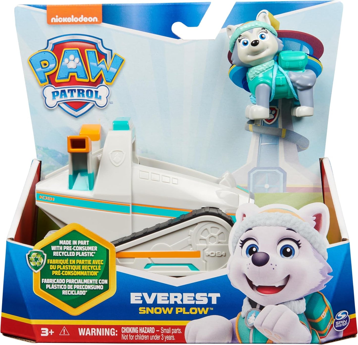 Paw Patrol, Everest Snowplow, coche de juguete con figura de acción coleccionable, juguetes sostenibles para niños y niñas de 3 años en adelante