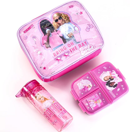 Zawadi Global Conjunto de lancheira infantil Barbie Kids - lancheira isolada, lancheira com vários compartimentos e garrafa de água de 580 ml - conjunto de comida para almoço de viagem escolar,